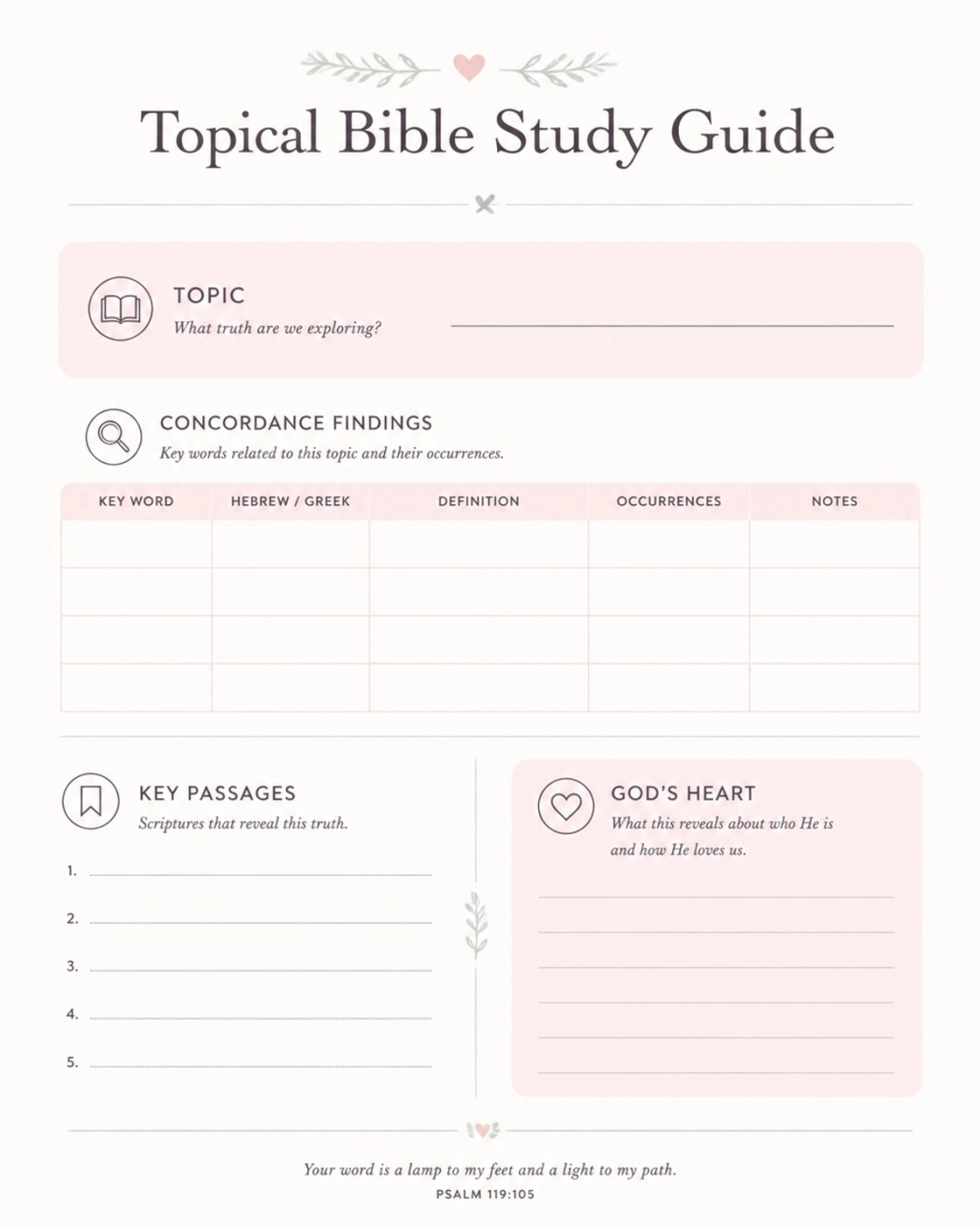 A minimalist visualization of a Topical Bible Study Guide page with clean sections and brand colors.