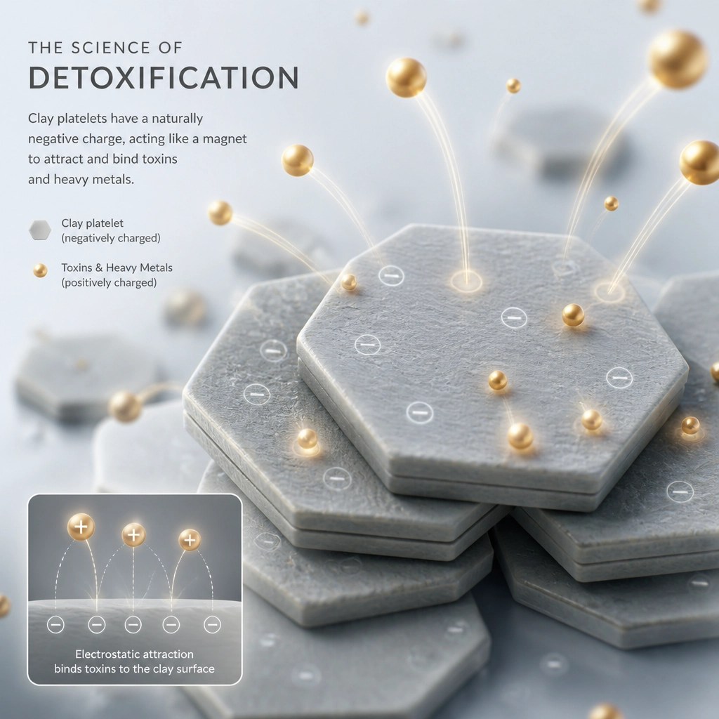 Illustration of clay molecules pulling toxins