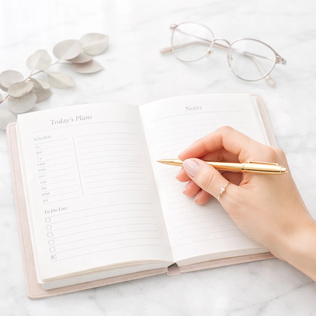 Woman writing in a Christian daily planner to organize a purposeful and grace-led life.