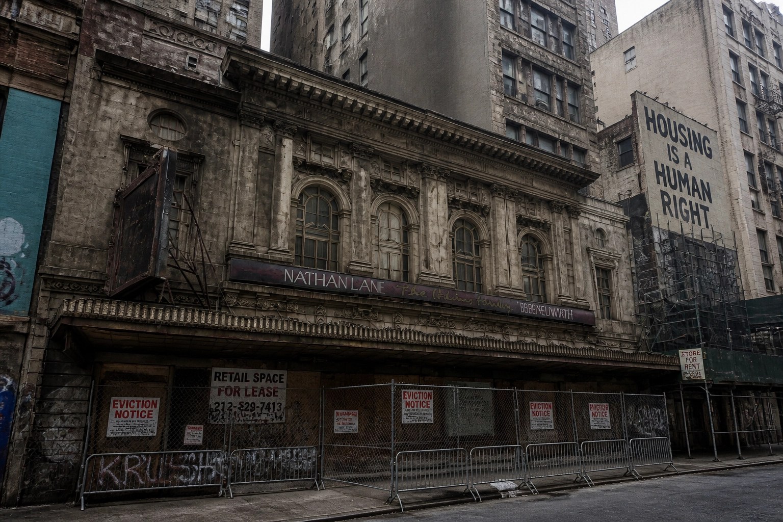 Aging NYC apartment buildings, neglected sidewalks, and signs of the housing crisis under a gray sky. A raw, grounded street-level view of city housing pressure without the polished skyline gloss.