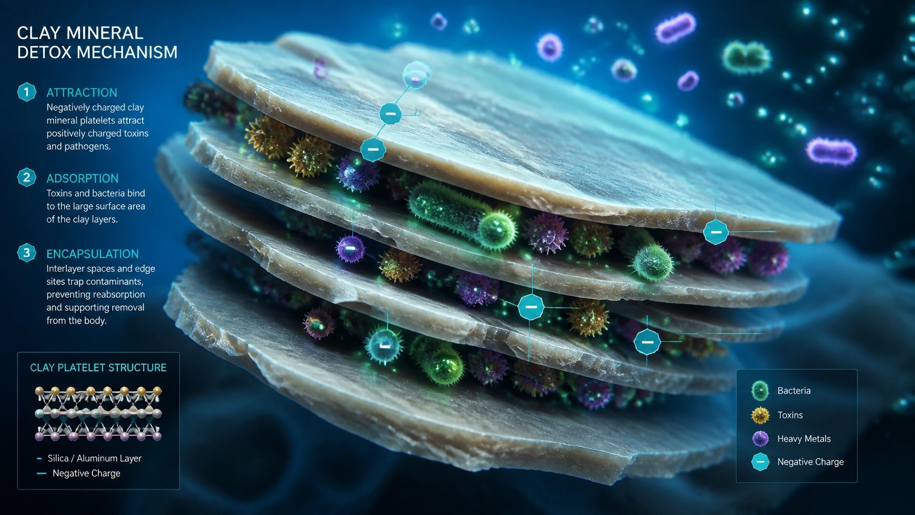 Scientific 3D visualization of clay mineral platelets attracting and trapping tiny glowing particles representing toxins.