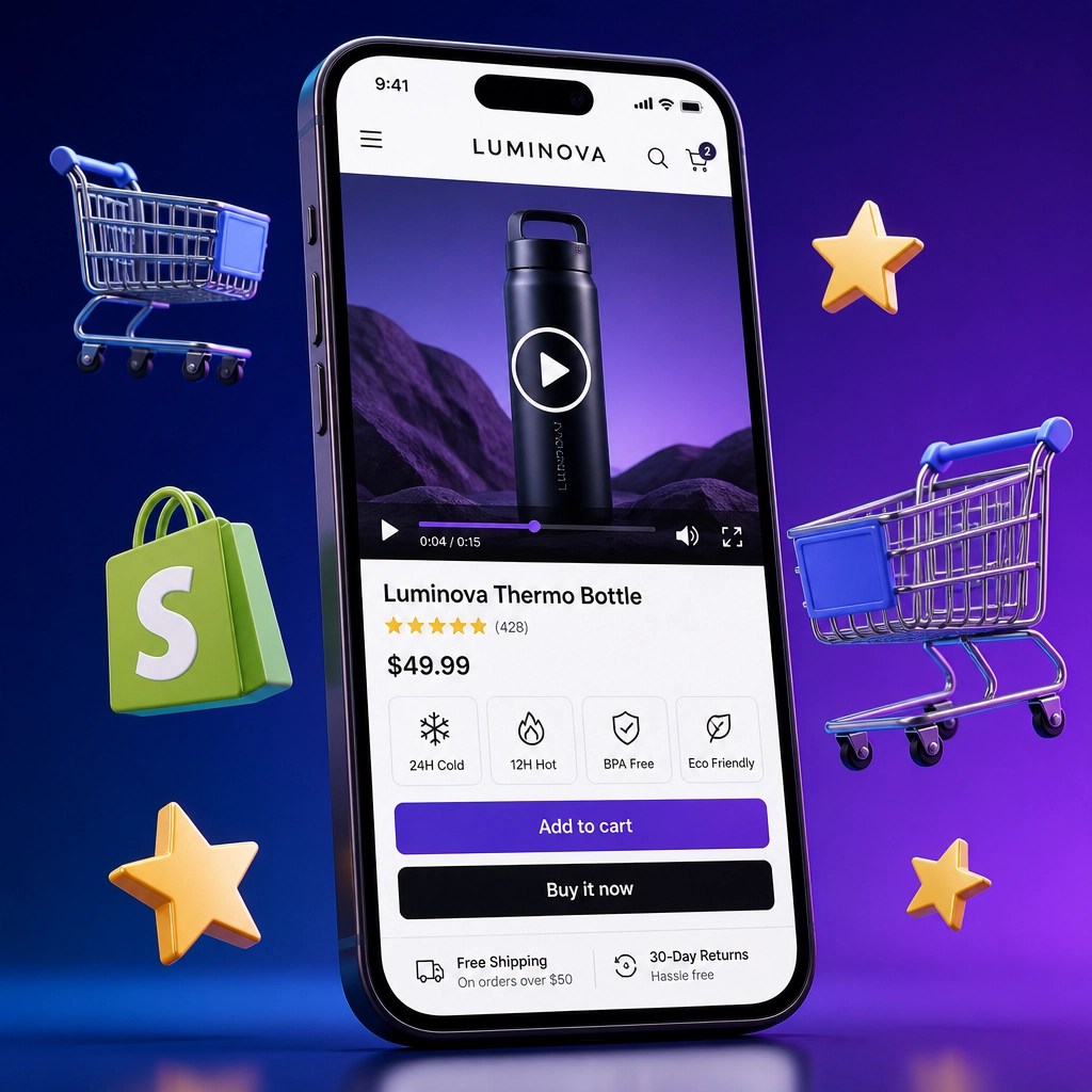 3D illustration of a smartphone displaying a high-quality product video on a digital store