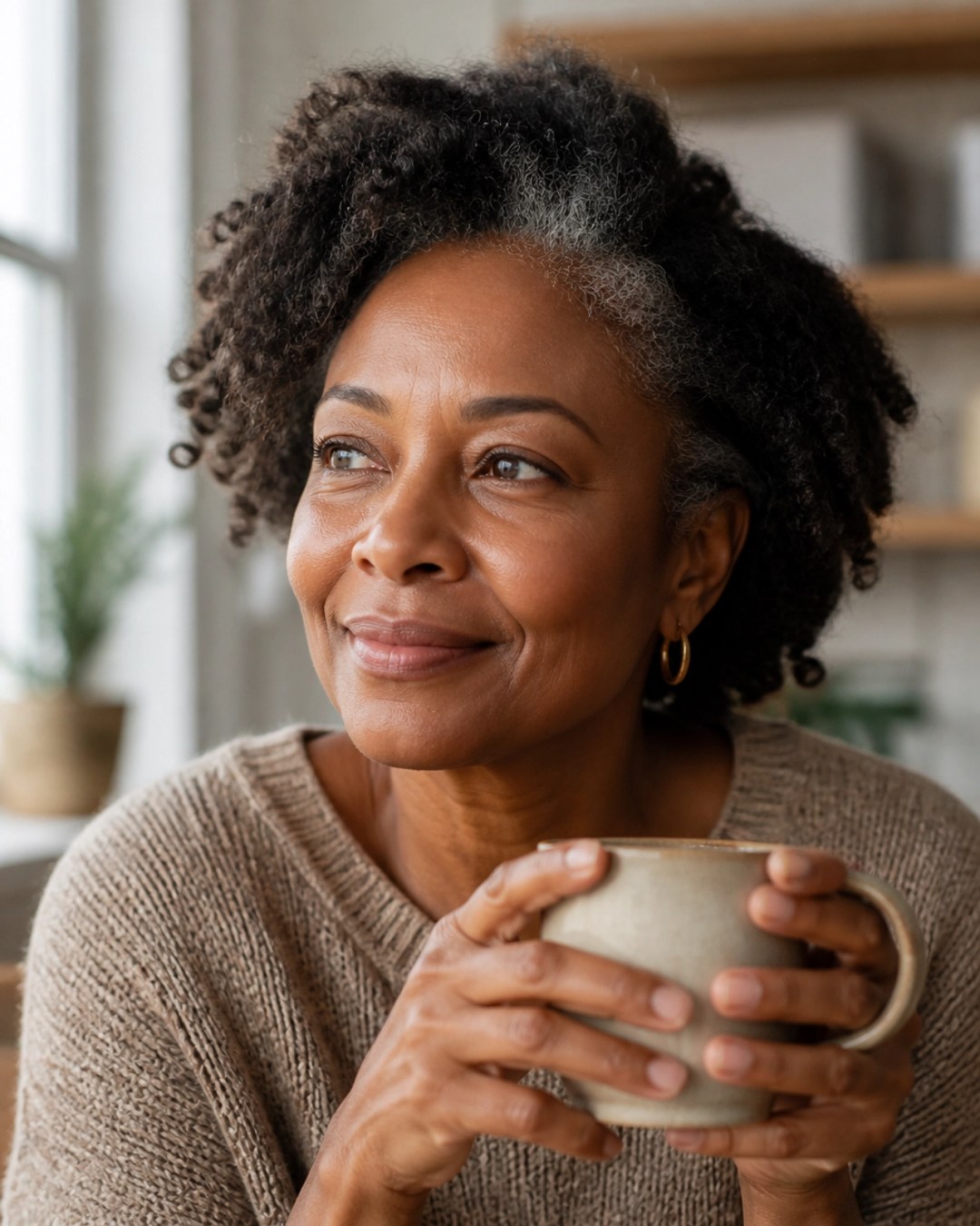 A confident woman in her 50s sitting in a sunlit kitchen, representing the peace and relief that comes with validated health concerns.