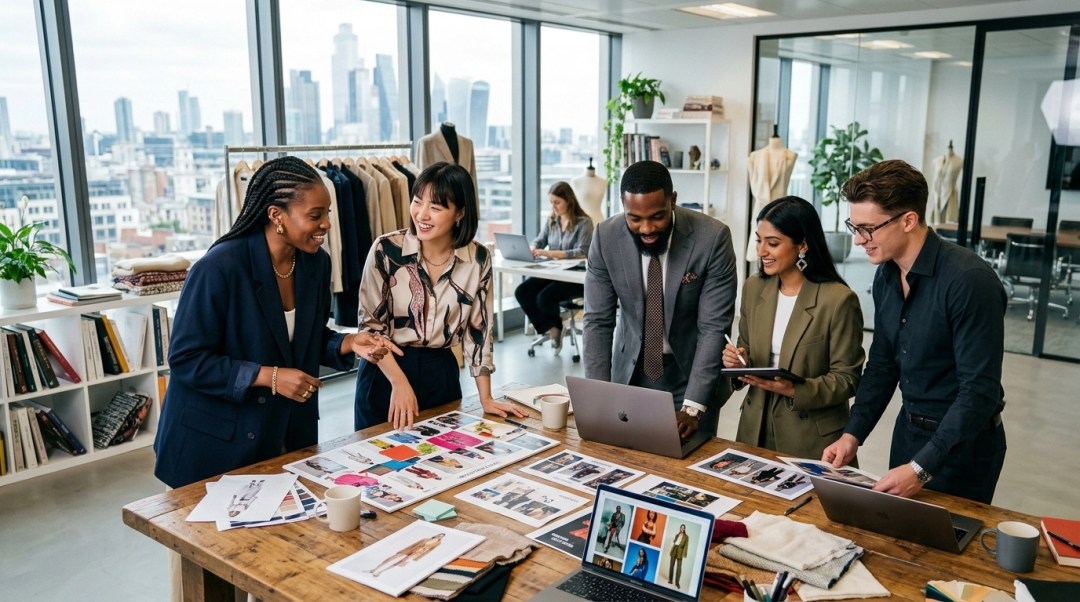 Stylish professionals at work in a modern executive office, reviewing ideas with high-energy and polished fashion-forward flair.