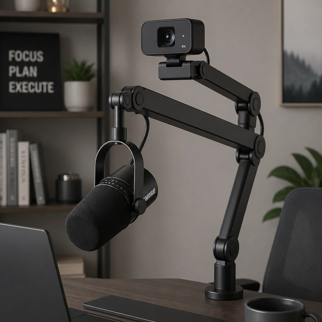 Professional Shure MV7 microphone and 4K webcam illustration