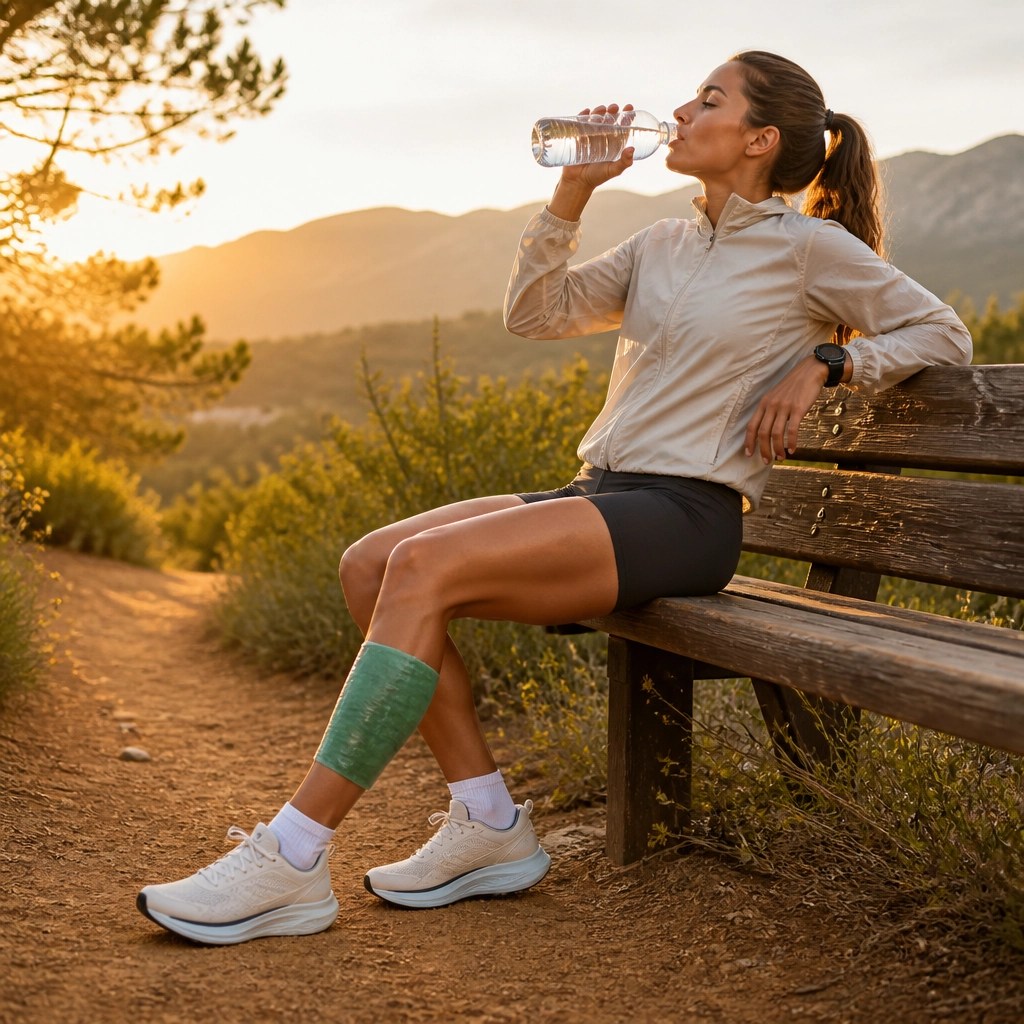 Athlete with a green clay wrap on their calf, recovering after a run.