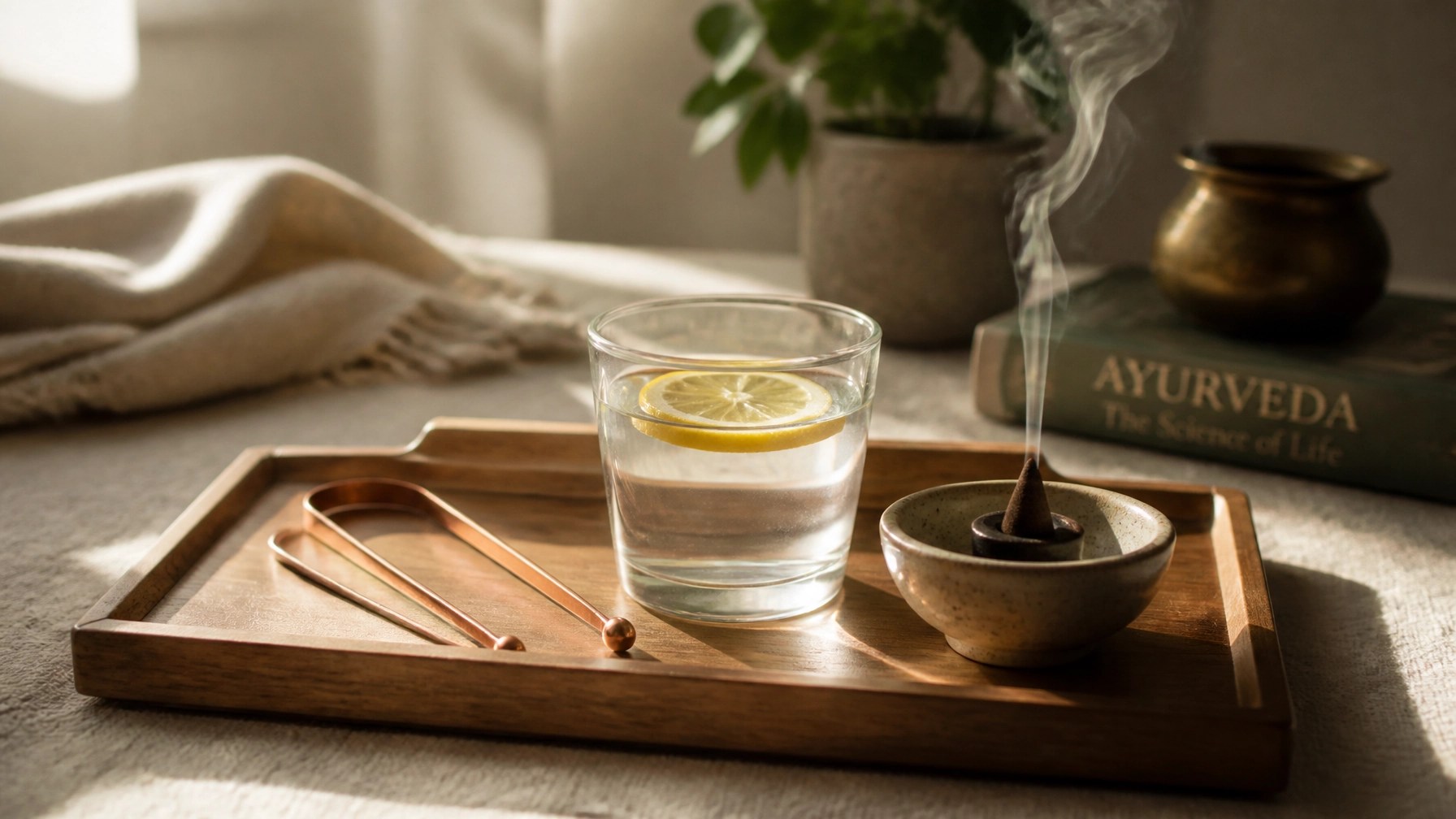 A minimalist wooden tray holding a copper tongue scraper and a glass of warm water, essential elements for an Ayurvedic morning routine.