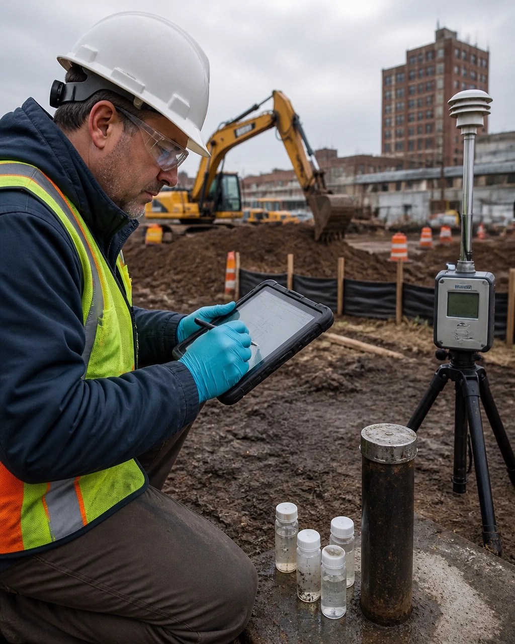 Field engineer documenting a remediation work-plan deviation beside a monitoring well and air monitoring equipment