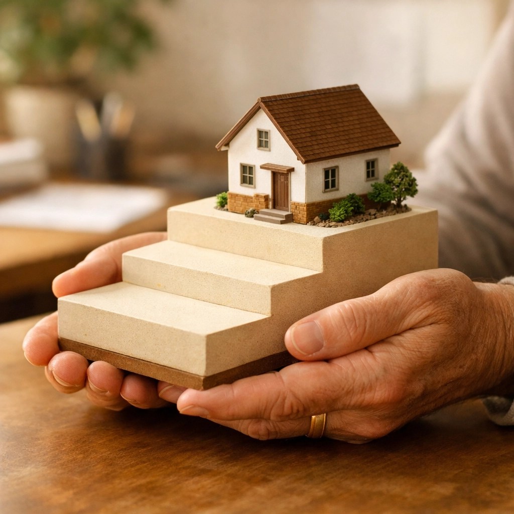 Hands holding house model with ascending steps representing retirement income foundation