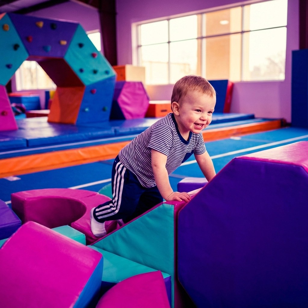 Toddler climbing colorful foam blocks during preschool gymnastics class for ages 18 months to 4 years
