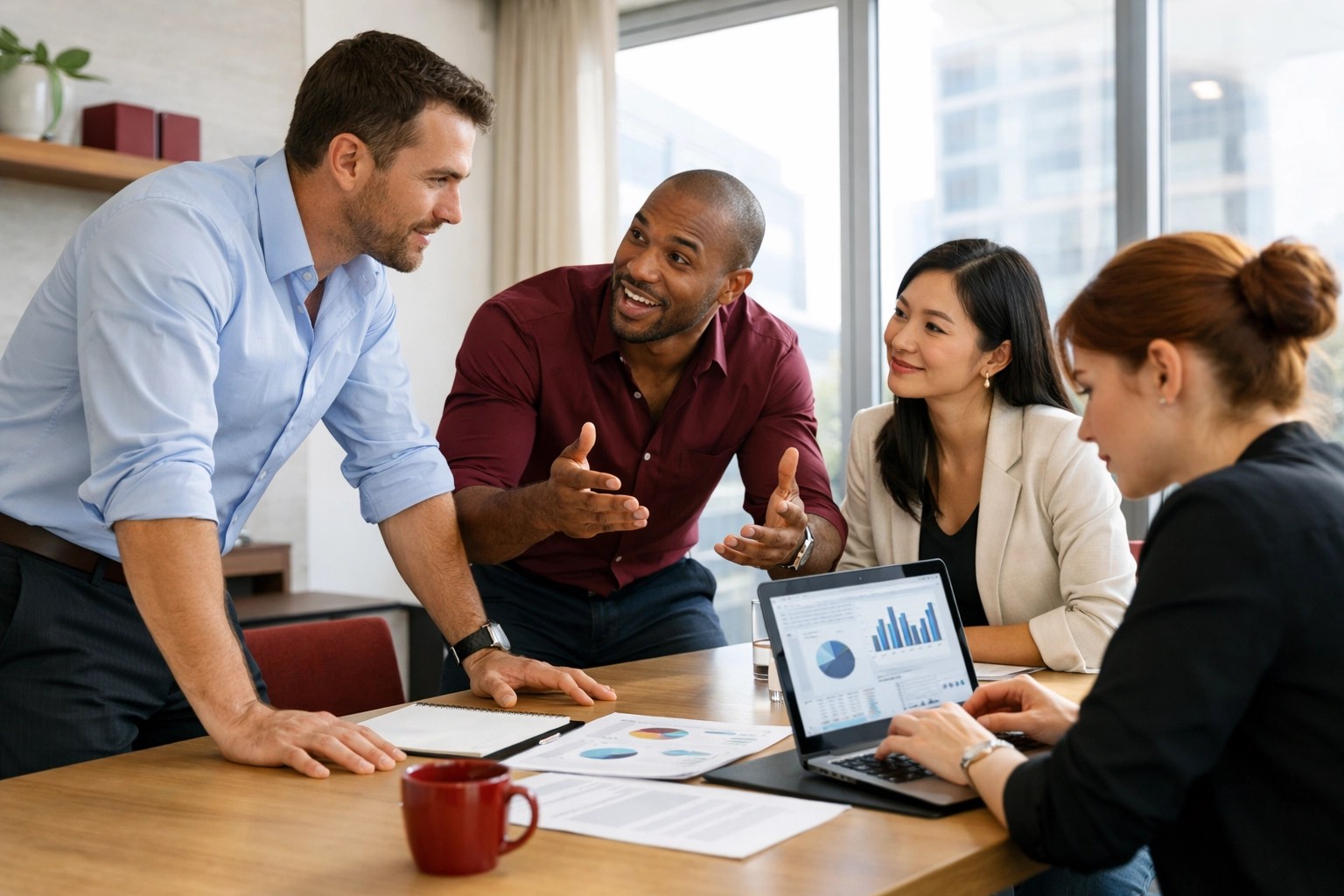 Team members displaying different DiSC styles during a productive meeting to solve workplace conflict.