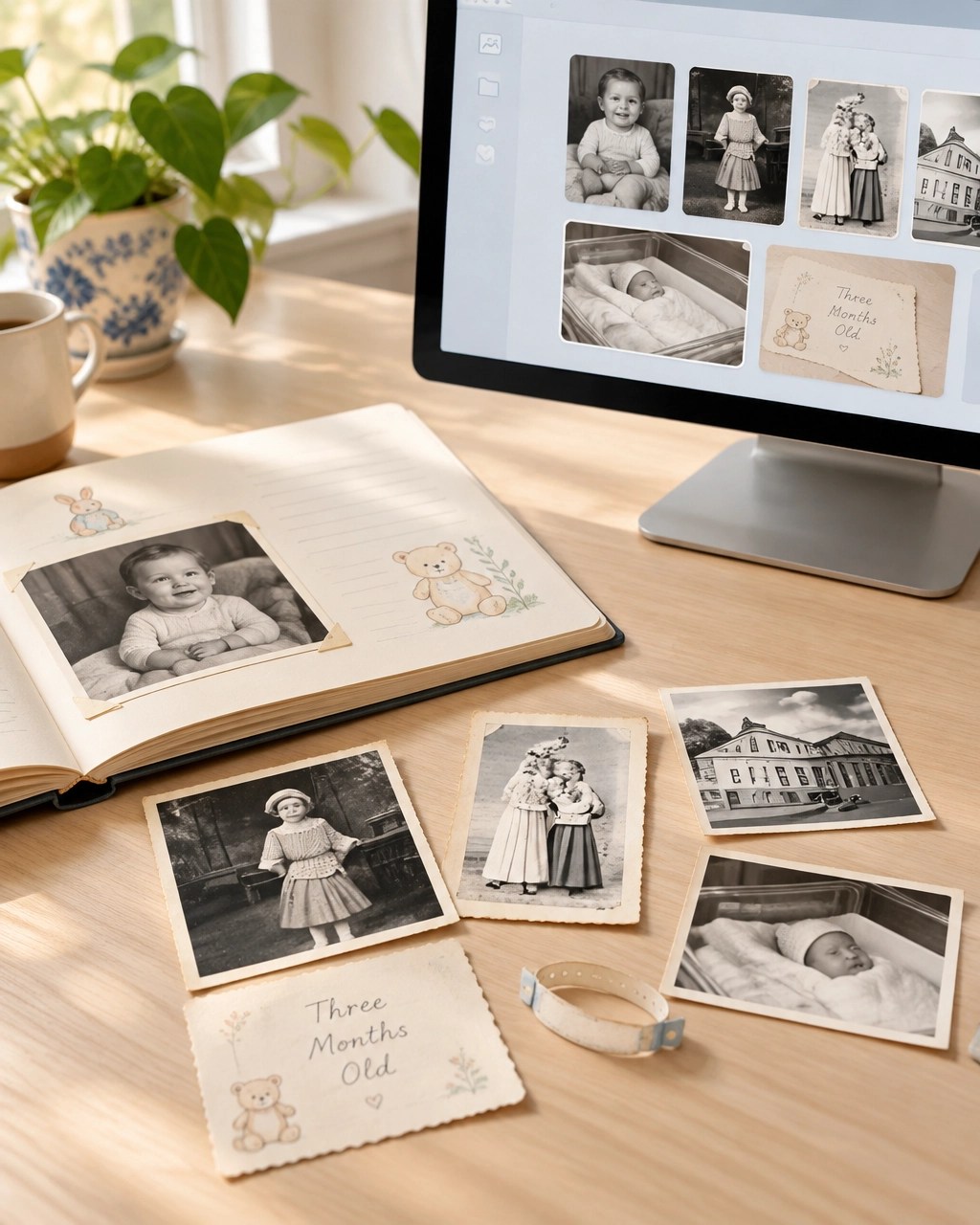 Baby-book photos, a handwritten milestone card, and keepsakes arranged beside a digital photo gallery