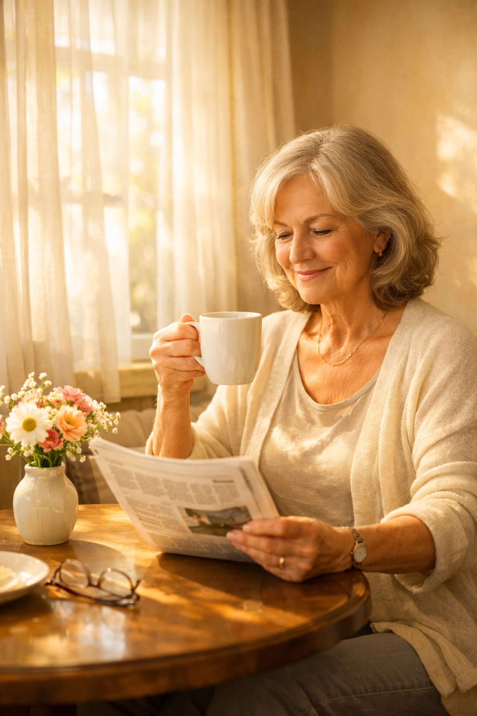 Confident retiree enjoying peaceful morning with guaranteed retirement income protection
