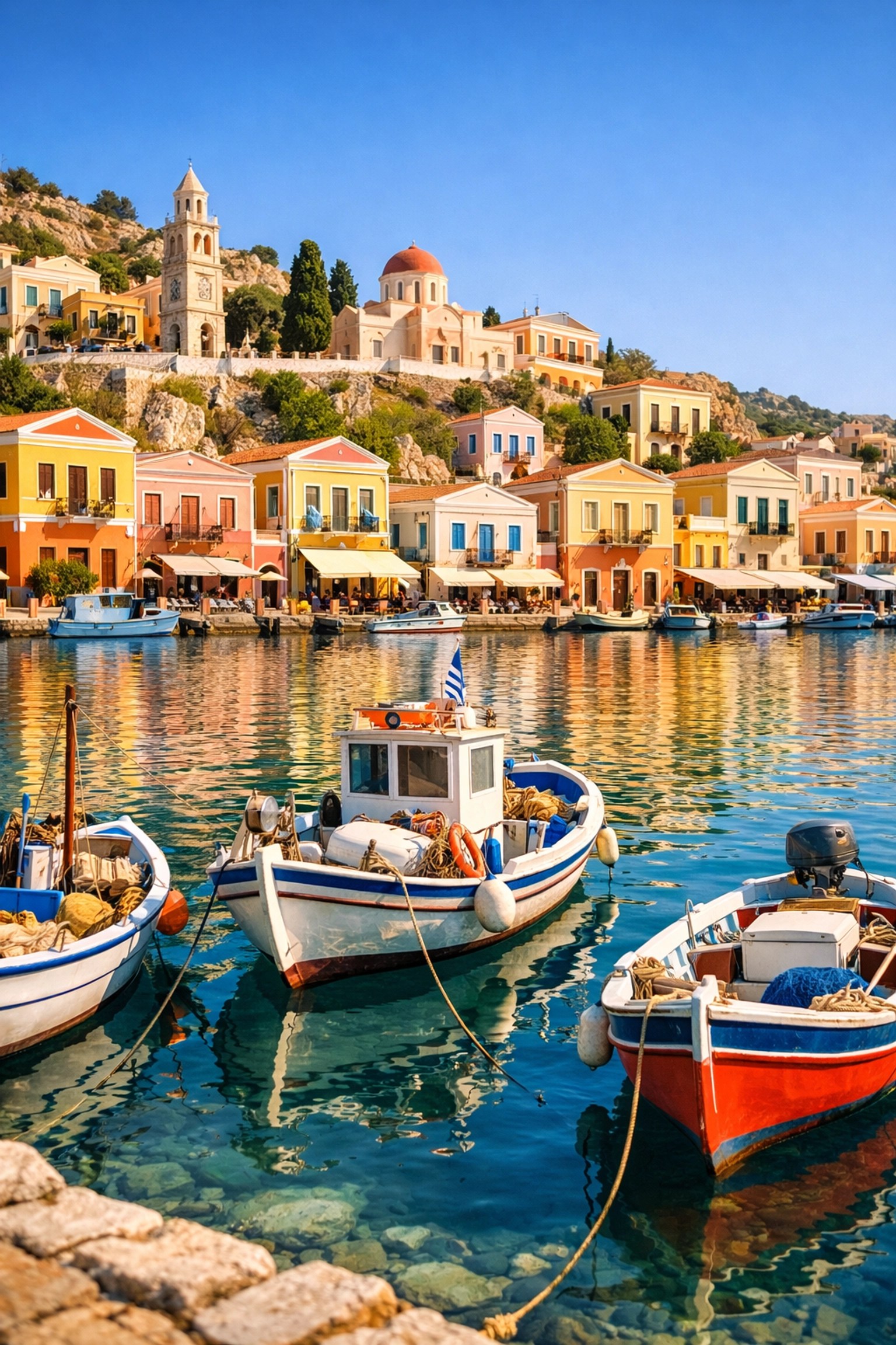 Colorful harbor of Symi island Greece with pastel buildings and fishing boats