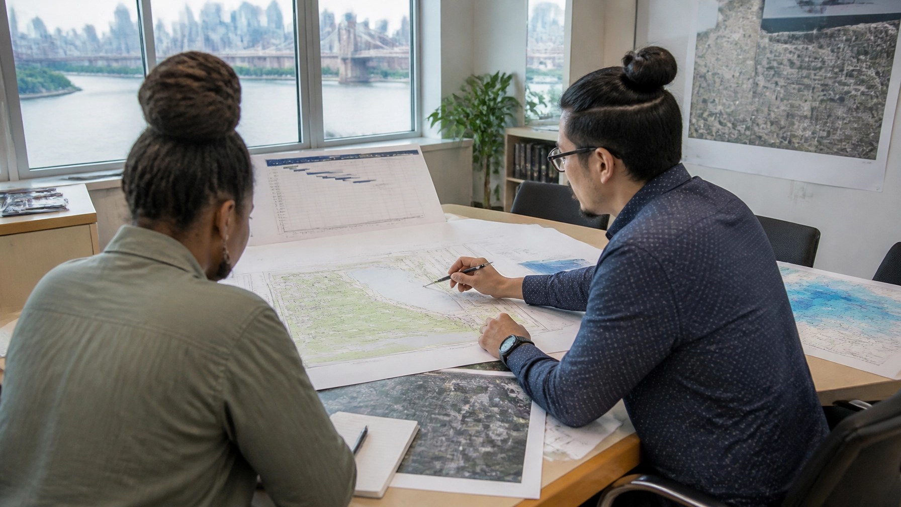 Environmental and civil engineering team reviewing a coordinated SEQRA milestone plan and site map