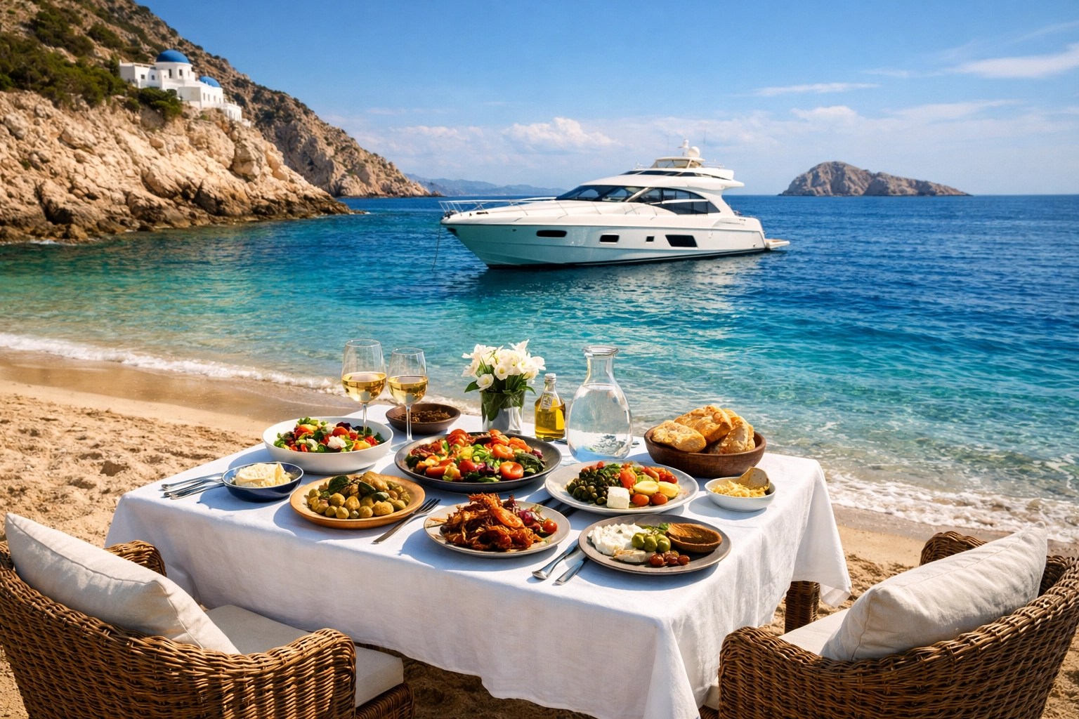 Exclusive private shore excursion featuring a gourmet lunch on a secluded beach in the Greek Isles.