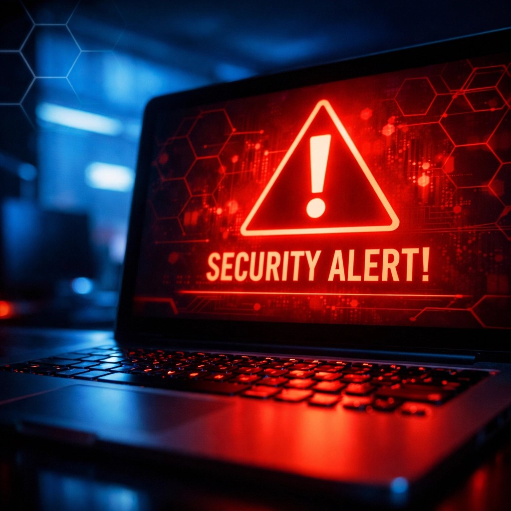 Cybersecurity alert on laptop screen showing business security threat
