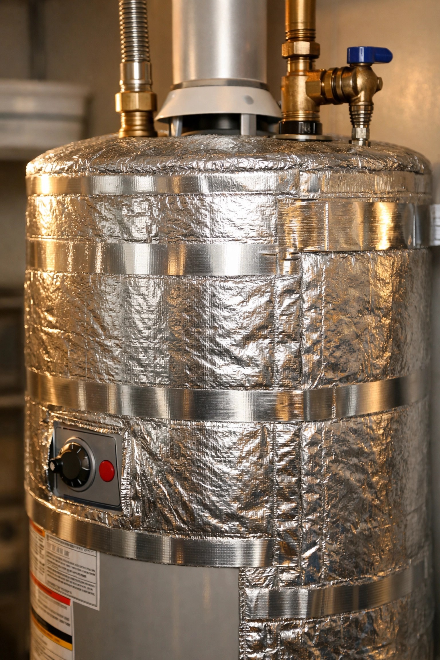 Water heater wrapped in insulation blanket for energy efficiency and cost savings