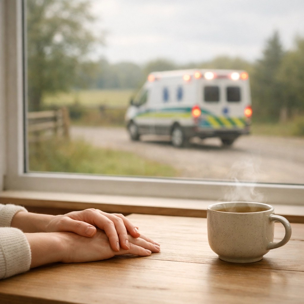A patient at home watching a reliable medical transport vehicle through a window.
