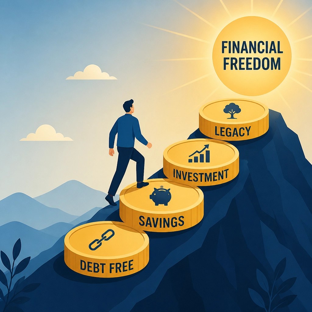 An illustration of a person walking up a staircase made of gold coins, with steps labeled 'Debt Free', 'Savings', 'Investment', and 'Legacy'.
