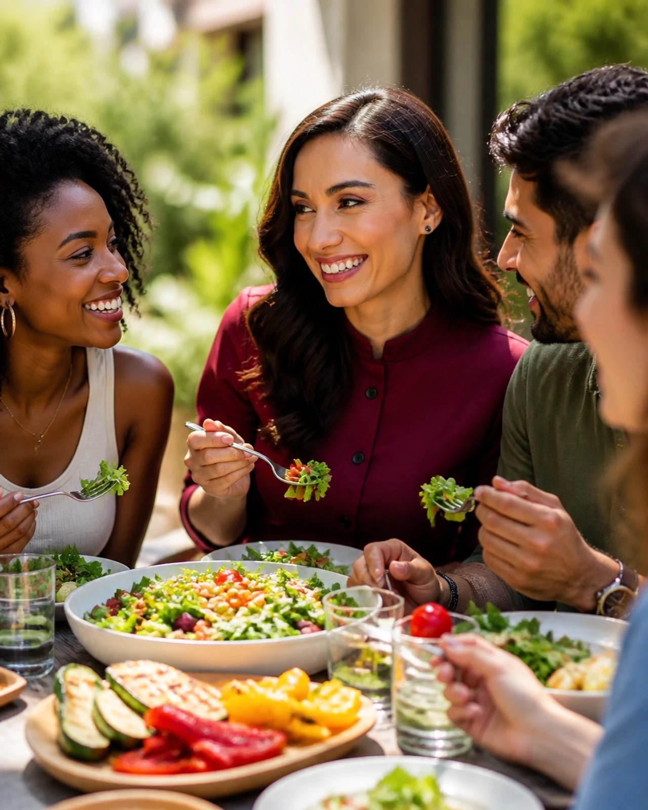 A small group of friends laughing and sharing a healthy meal outdoors