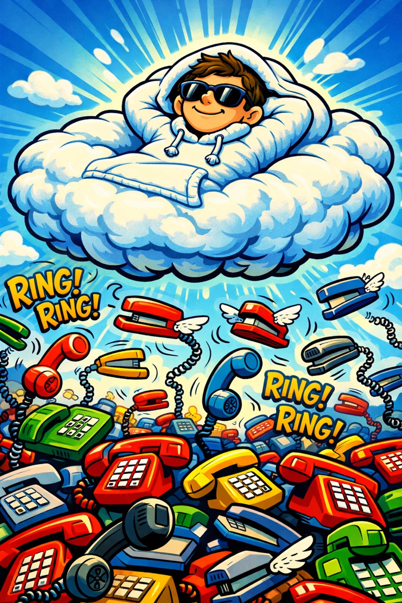 A person finding office nirvana by floating in a sweatshirt cloud above ringing work phones.