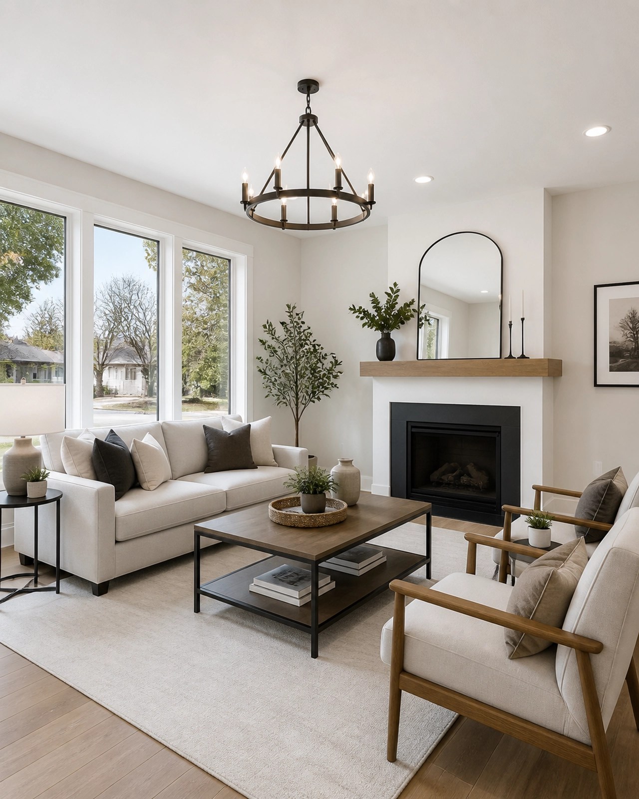 A professional, clean interior shot of a recently renovated living room in a modern Ohio home