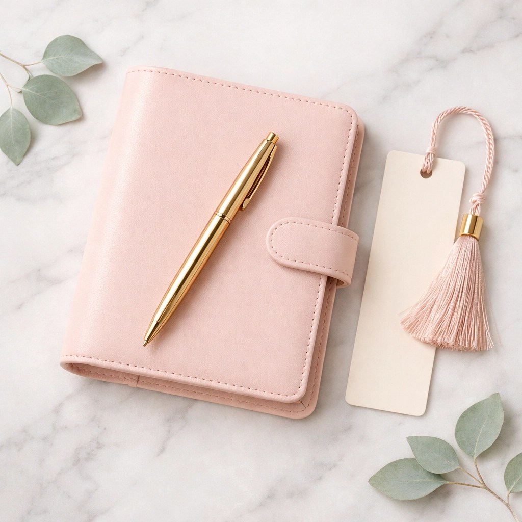A blush-pink leather planner and gold pen representing intentional stewardship and faith-based planning.