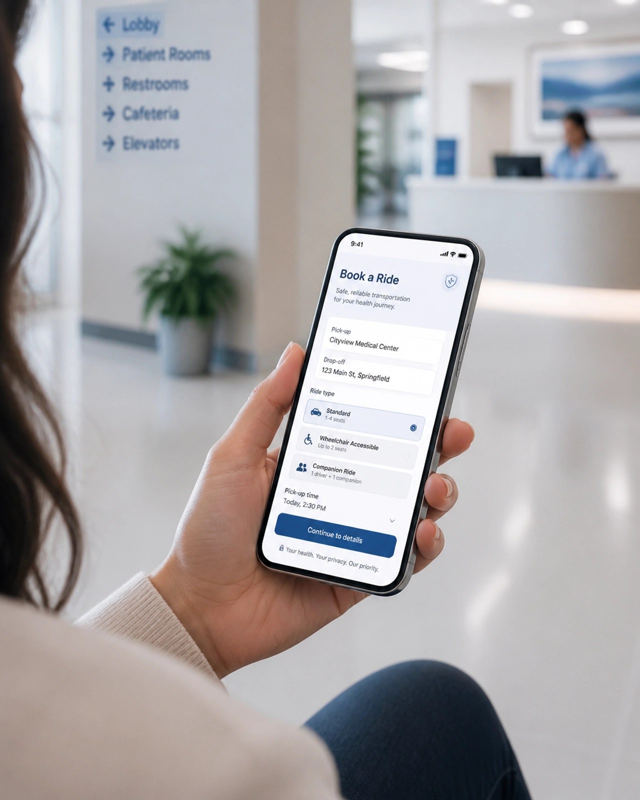 A person using a booking interface for medical transportation