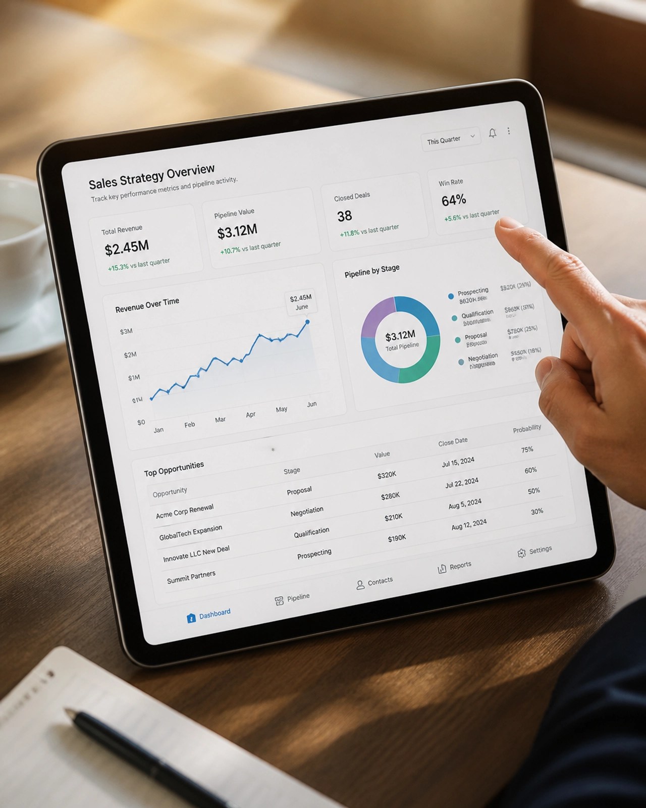 Close-up of a professional hand pointing at a clear sales strategy document on a tablet