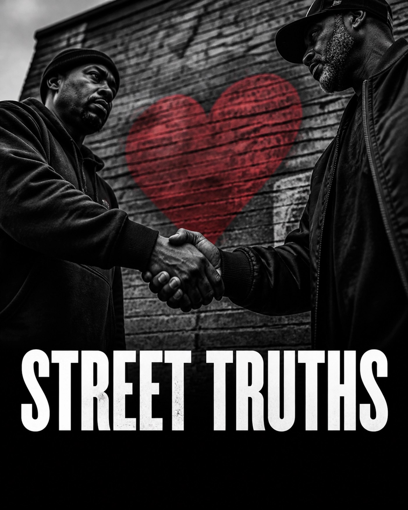 Black and white image of a community handshake symbolizing unity and street-level leadership.