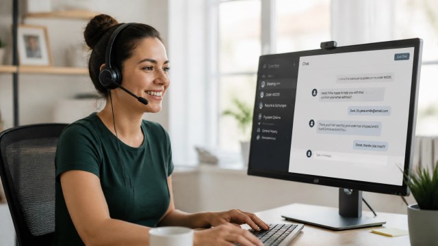 A friendly customer service representative smiling while helping online shoppers via chat