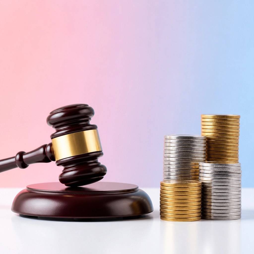 A modern auction gavel next to a stack of gold and silver coins with a pastel background