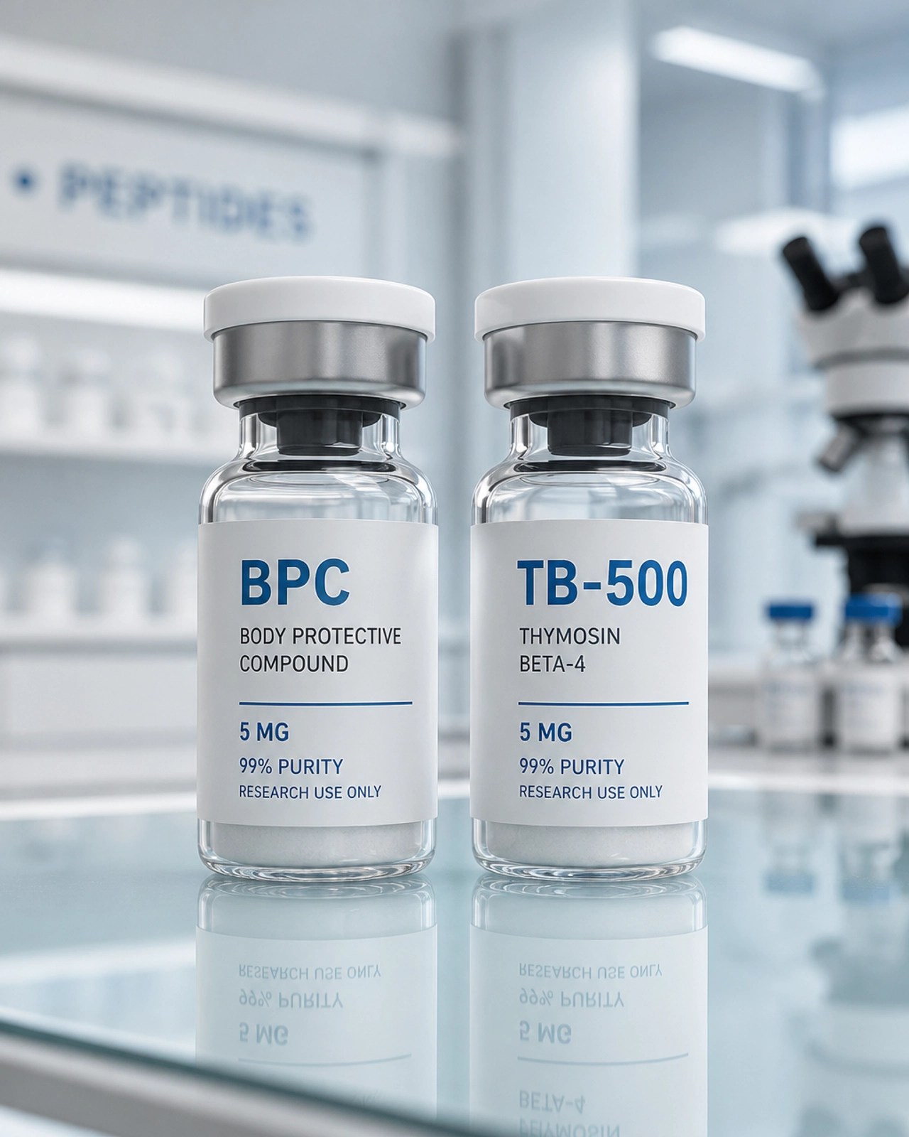 Close-up of BPC and TB-500 vials in a sterile setting