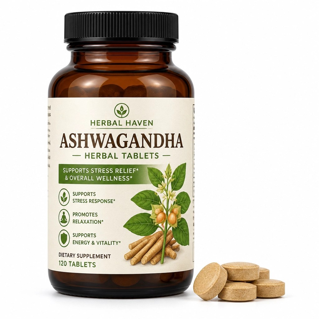 Frasco de tabletas de Ashwagandha orgánicas sobre fondo blanco