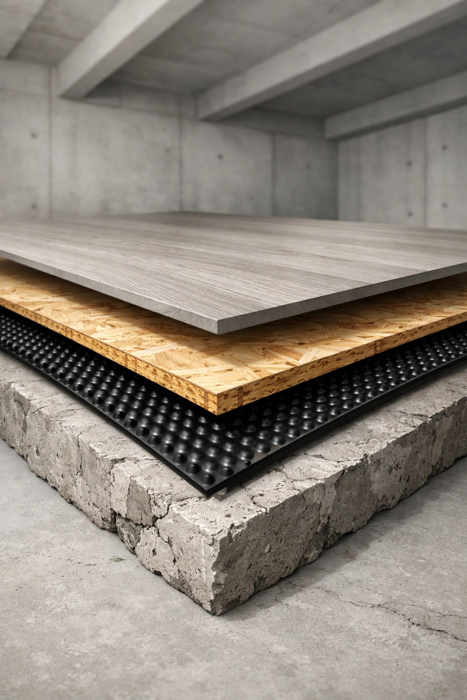 Coupe technique montrant les couches d'isolation et de plancher pour un sous-sol à Trois-Rivières.