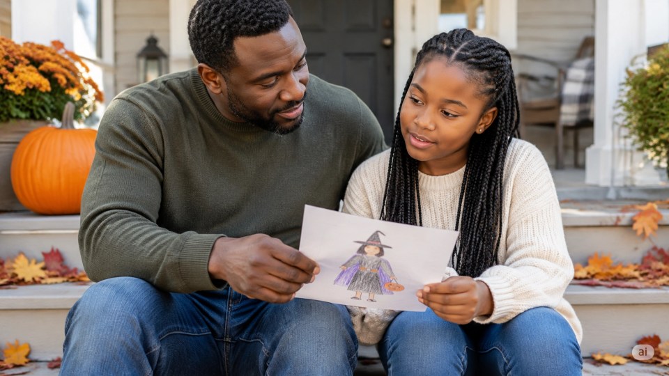 racist Halloween costumes prompt a thoughtful conversation between a Black father and daughter as they review a costume sketch on a porch.