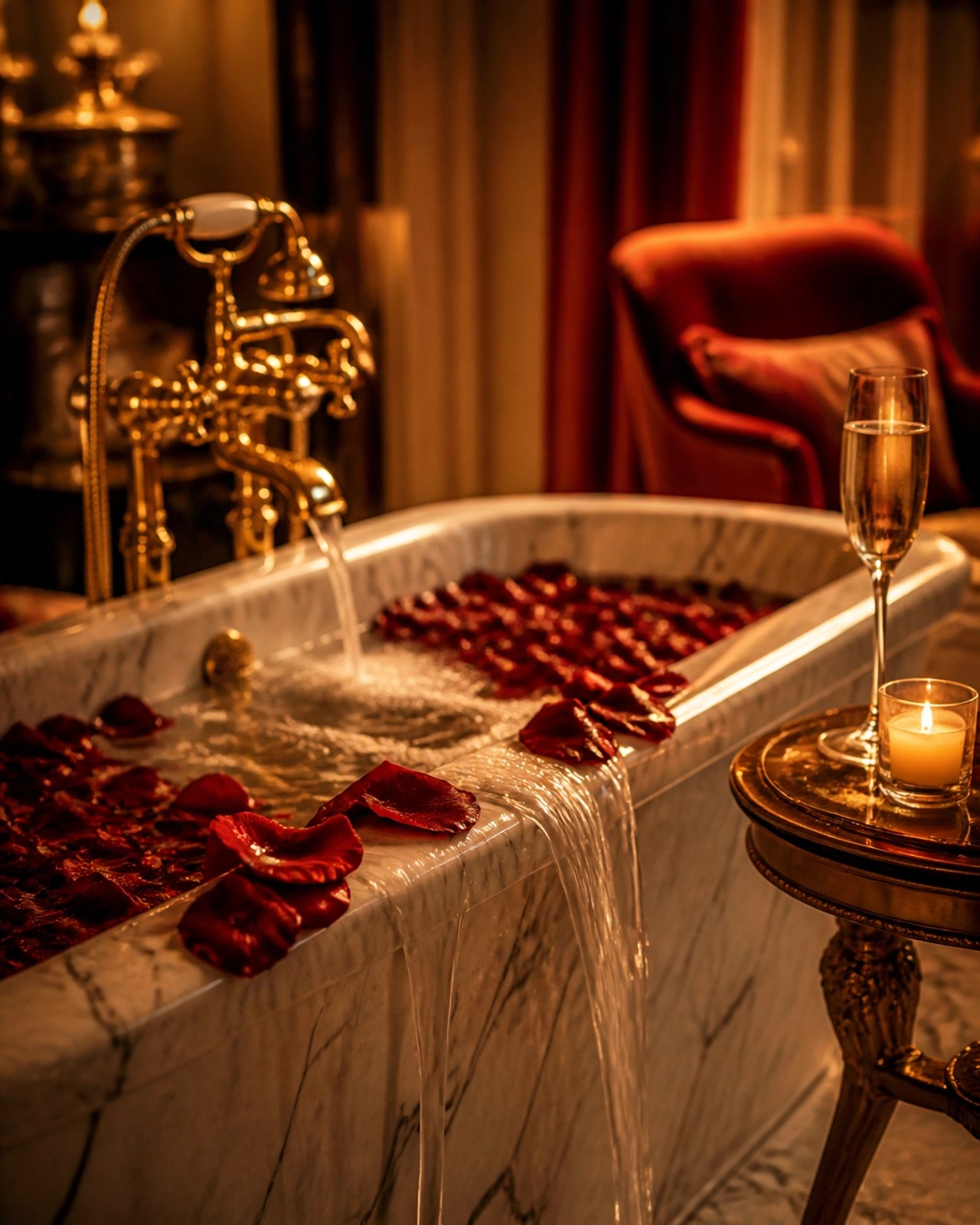 A luxury marble bathtub filled with rose petals, symbolizing a sensual feminine ritual.
