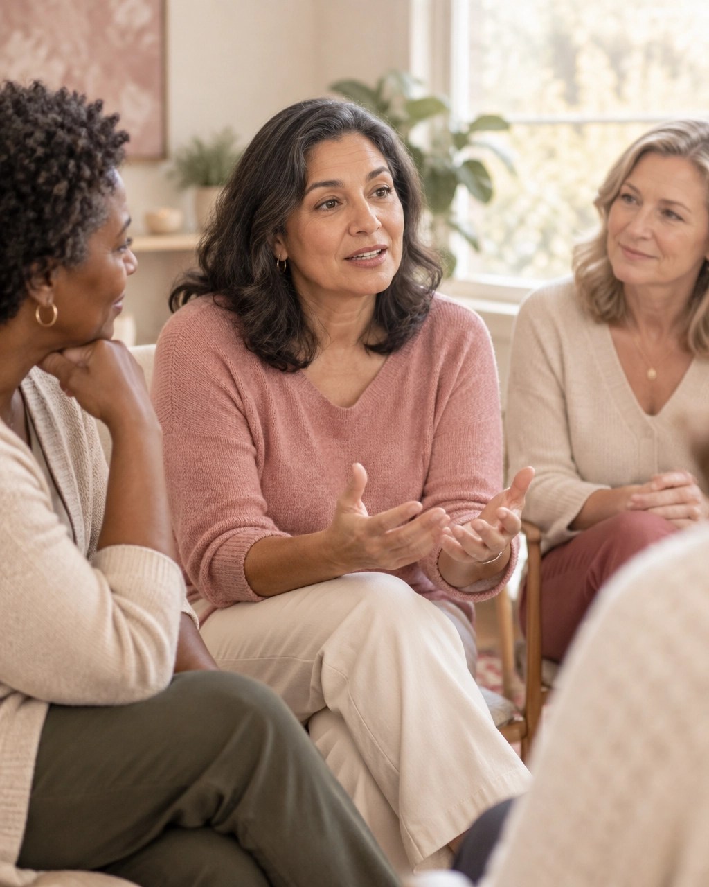 Diverse women over 40 gathered in a supportive conversation about health and shared knowledge