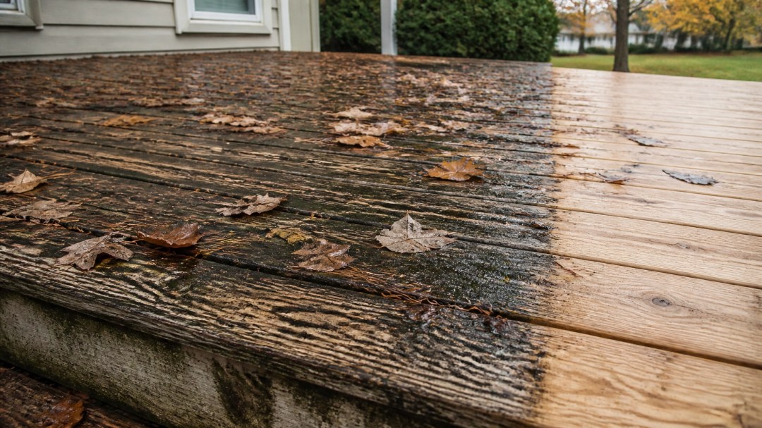 Leaves, dirt, and mildew buildup on neglected wood deck boards