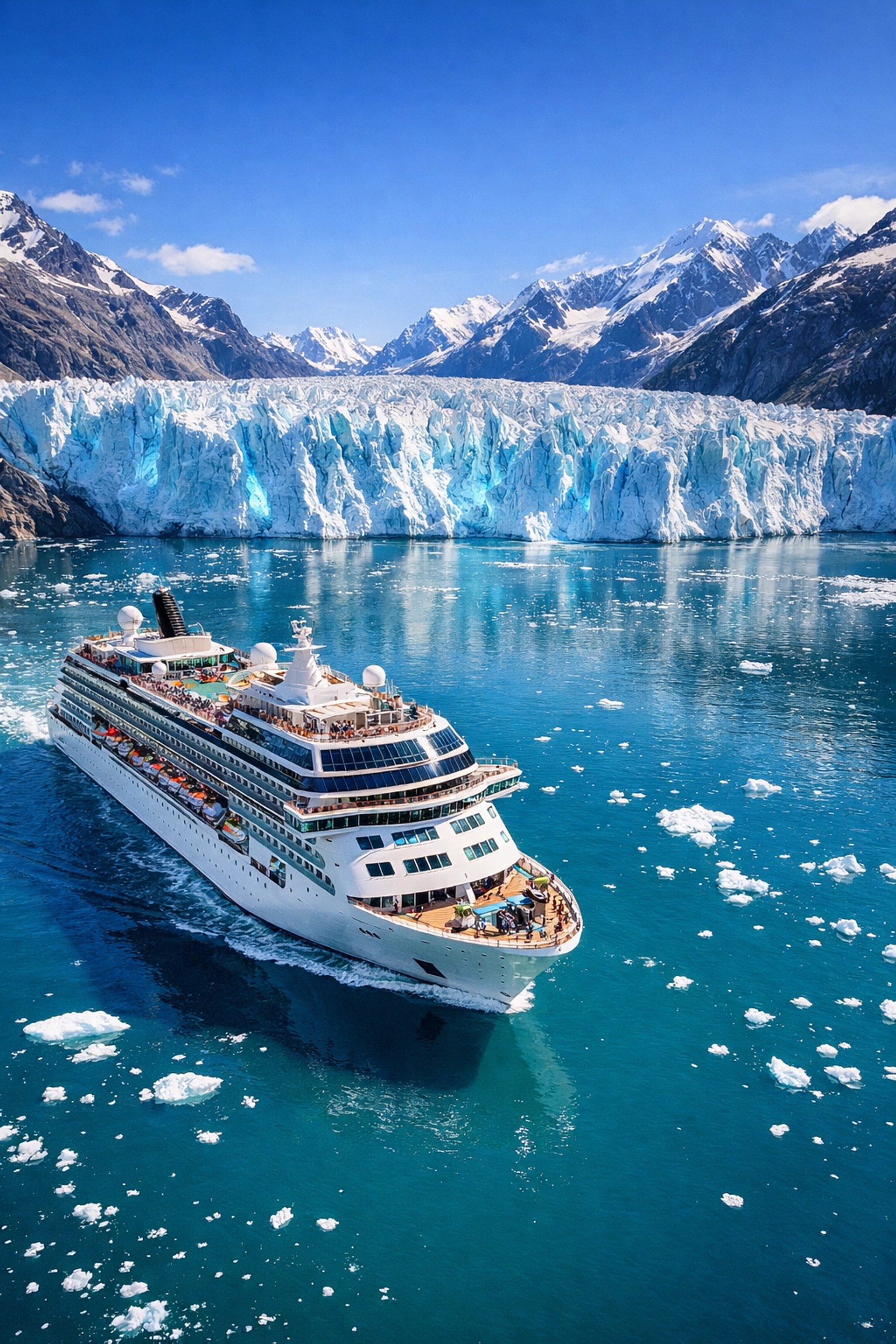 A luxury cruise ship sailing past a massive blue tidewater glacier in Glacier Bay National Park, Alaska.