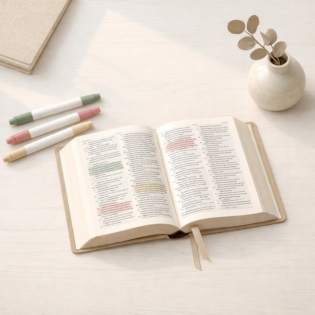 5 Steps: How to Use a Bible Highlighting Guide and Focus Your Study (Easy Guide for Beginners) 6 An open Bible and aesthetic pastel highlighters on a white desk for structured Bible study.