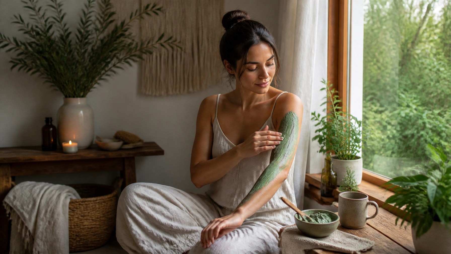 A serene wellness setting showing a person applying clay for health and relaxation.