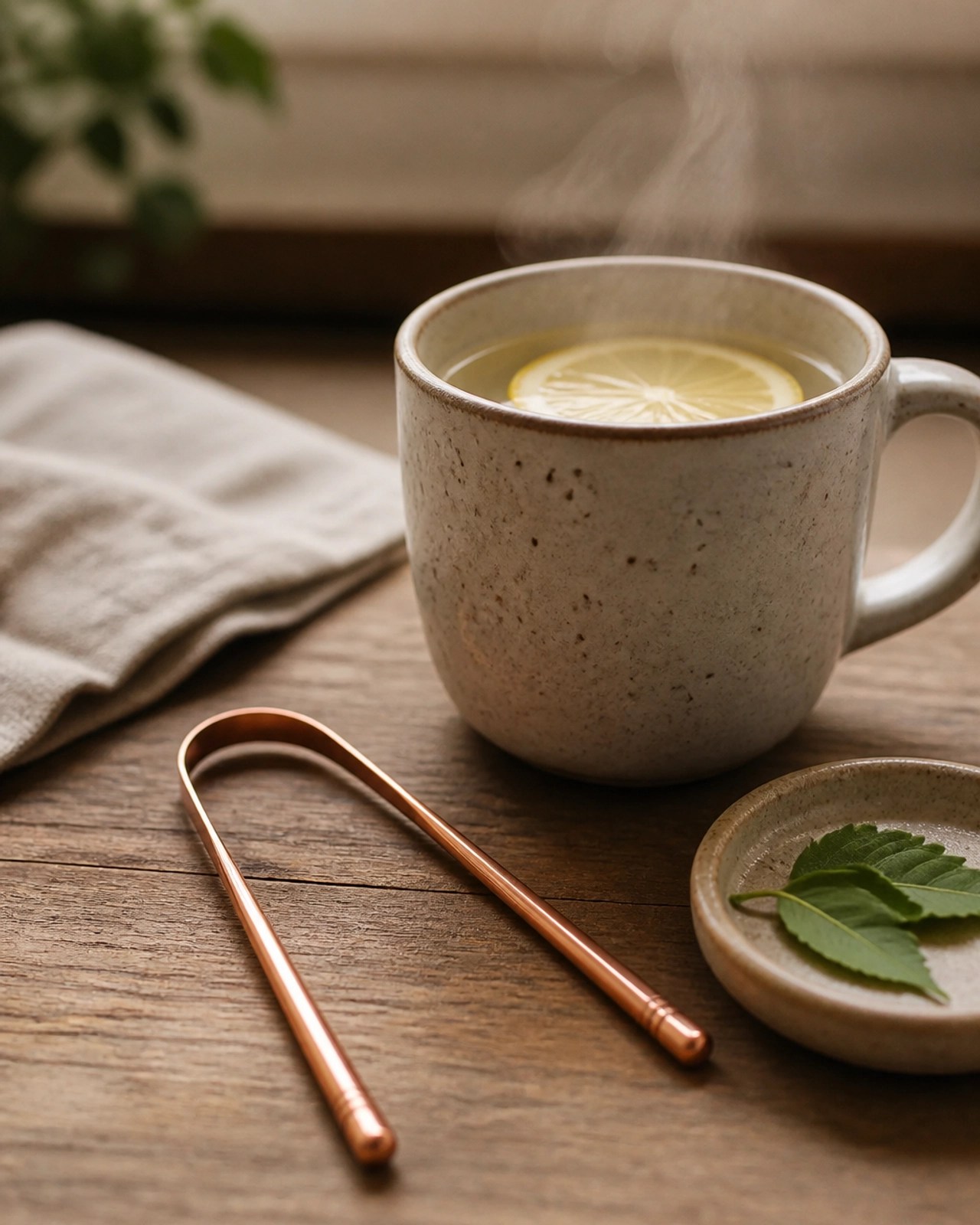 Morning routine essentials including a copper tongue scraper and warm water