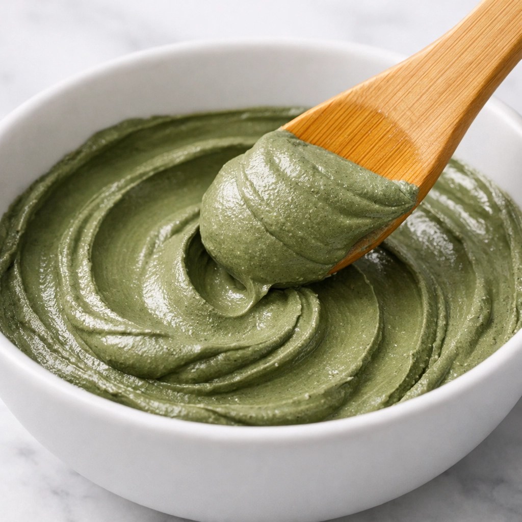 Creamy green clay face mask paste being mixed with a bamboo spatula for a smooth, deep-cleansing detox.