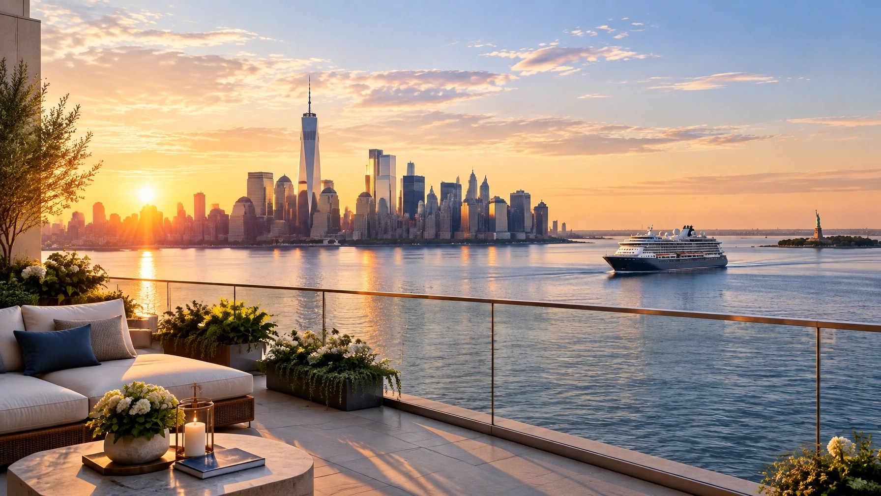 Manhattan skyline and harbor at sunrise with a cruise ship in the distance, viewed from a refined terrace with no people
