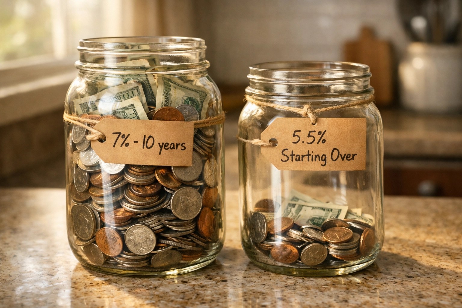 Two savings jars comparing 7% annuity growth over 10 years versus 5.5% restart