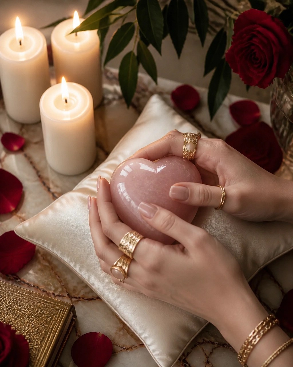 Rose quartz heart on ivory silk with candles and a red rose for feminine energy and manifesting love