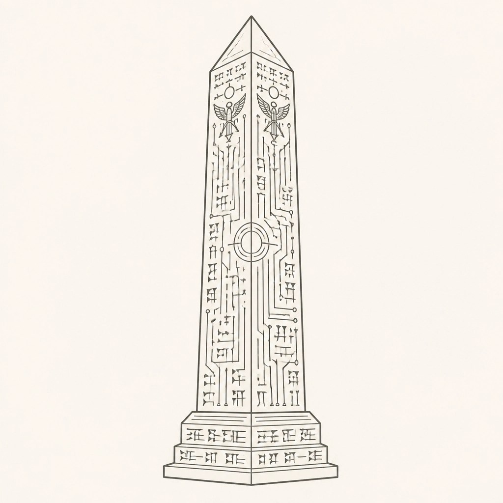 A minimalistic, monochromatic illustration of an ancient stone obelisk engraved with intricate, high-tech geometric patterns resembling circuitry but styled like ancient cuneiform.