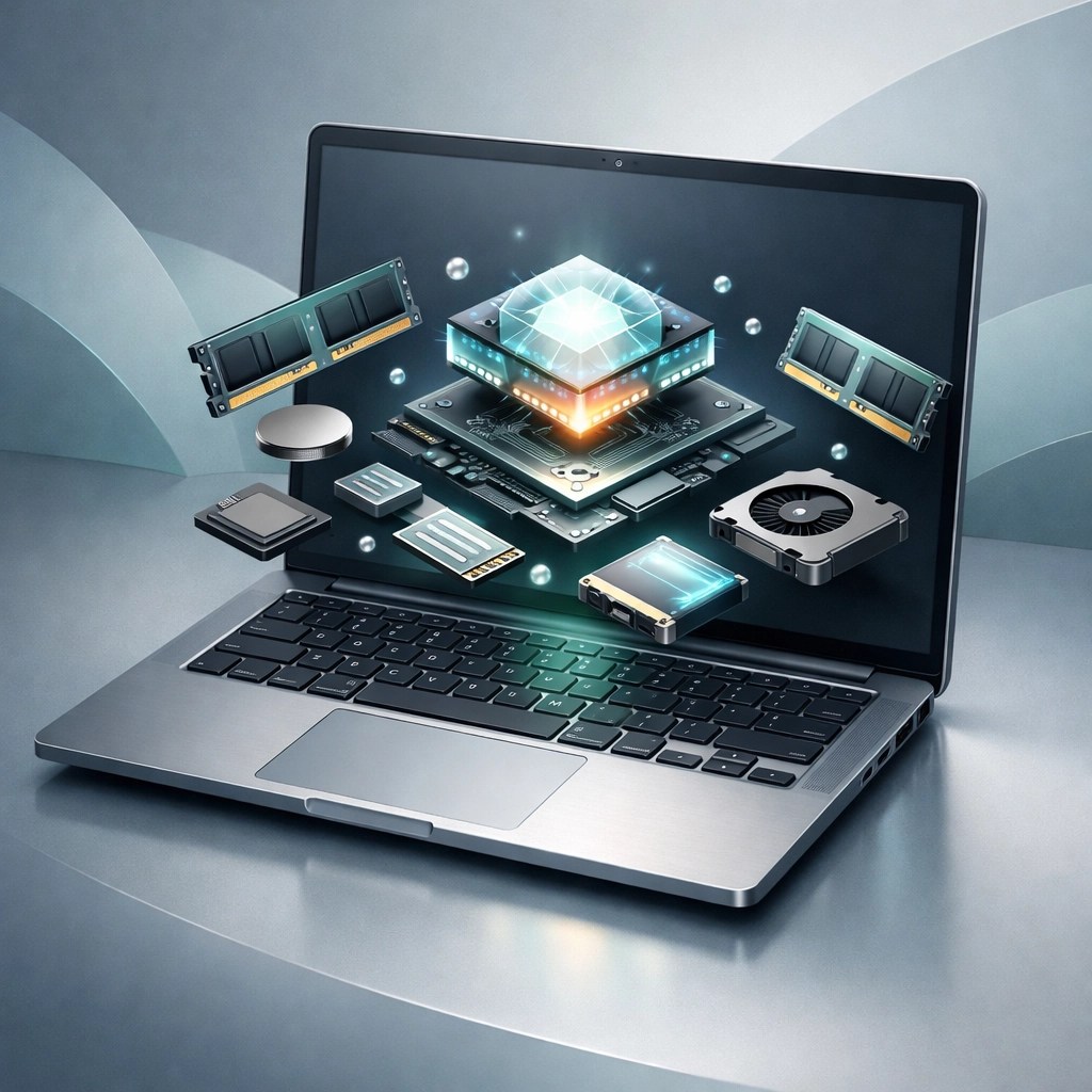 Illustration of a modern laptop with high-performance hardware components like processors and RAM modules.